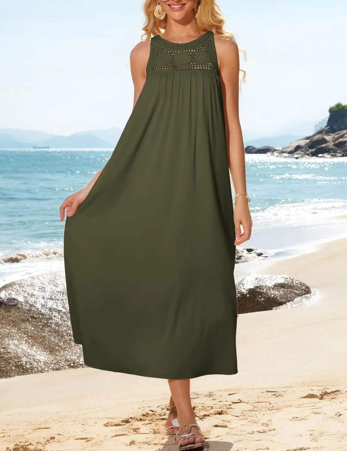 GRACE KARIN Women's 2025 Summer Hollow Out Halter Dresses Casual Swing A-Line Sundress Beach Vacation Maxi Dress with Belt