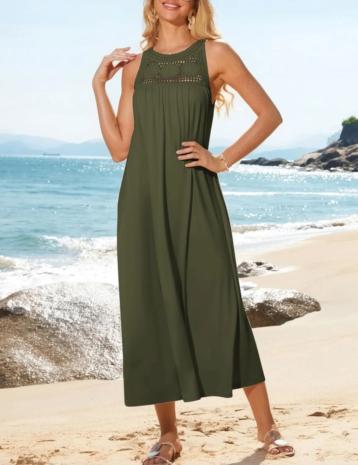 GRACE KARIN Women's 2025 Summer Hollow Out Halter Dresses Casual Swing A-Line Sundress Beach Vacation Maxi Dress with Belt
