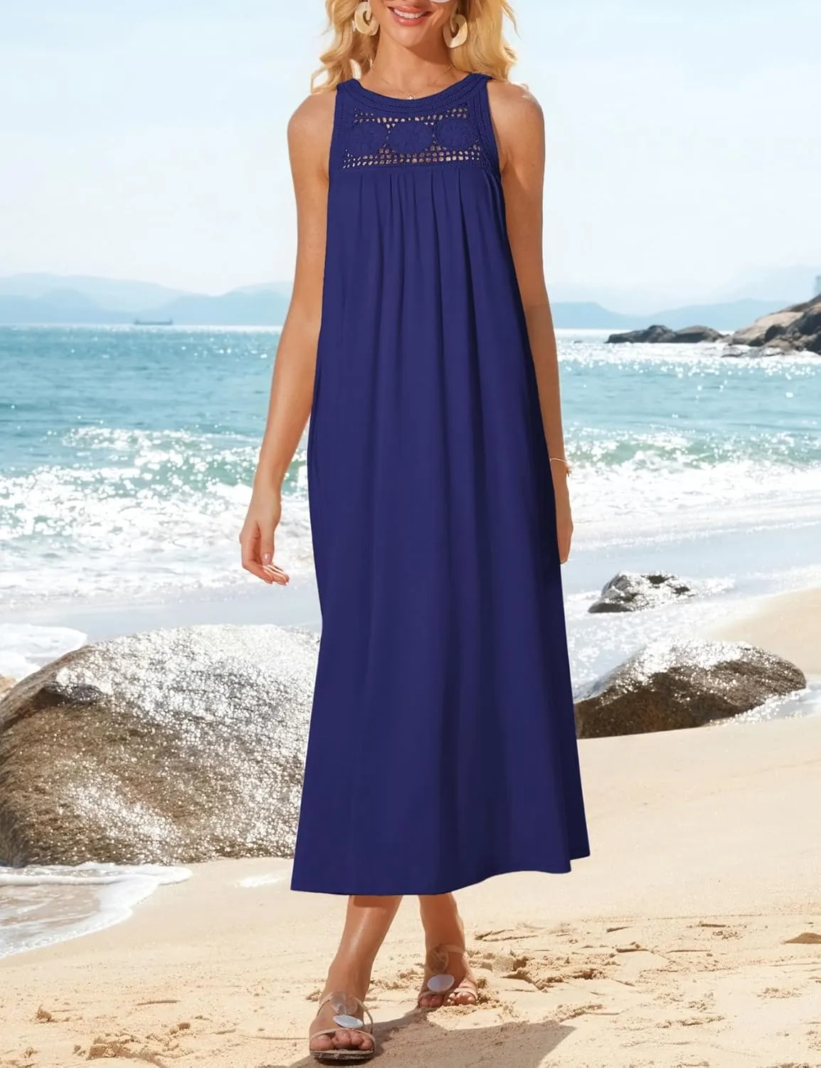 GRACE KARIN Women's 2025 Summer Hollow Out Halter Dresses Casual Swing A-Line Sundress Beach Vacation Maxi Dress with Belt