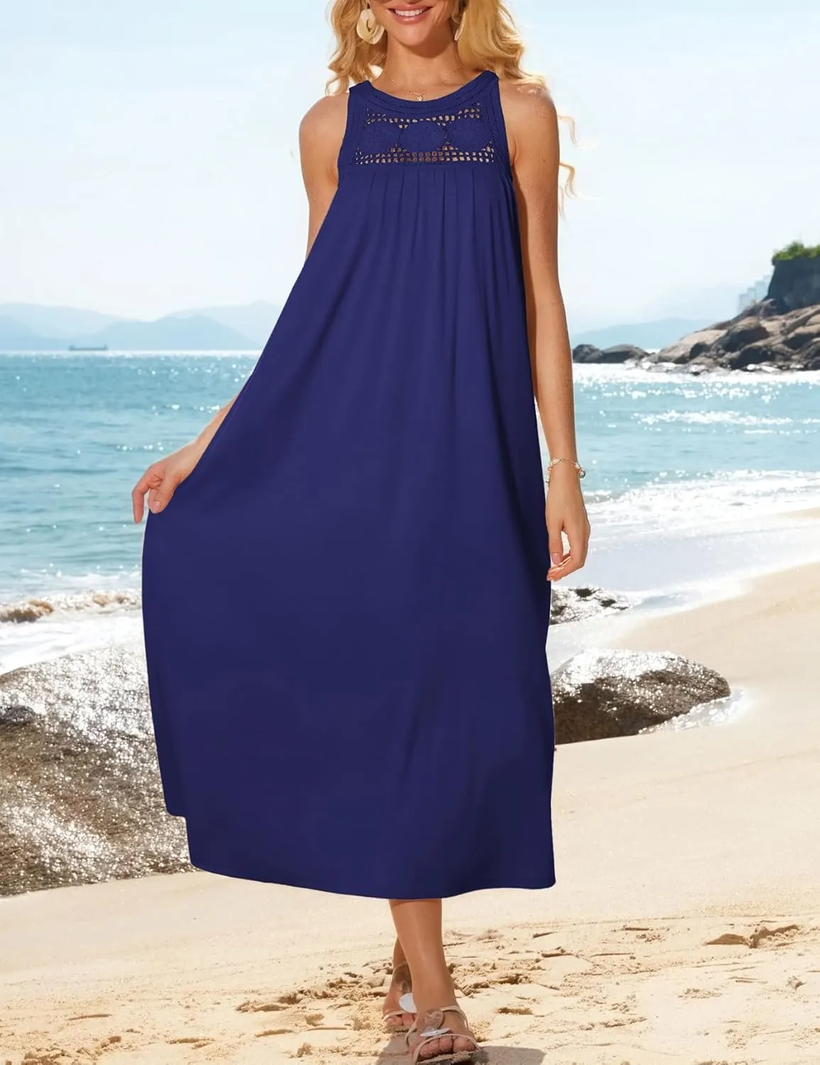 GRACE KARIN Women's 2025 Summer Hollow Out Halter Dresses Casual Swing A-Line Sundress Beach Vacation Maxi Dress with Belt