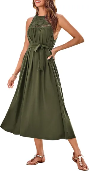 GRACE KARIN Women's 2025 Summer Hollow Out Halter Dresses Casual Swing A-Line Sundress Beach Vacation Maxi Dress with Belt
