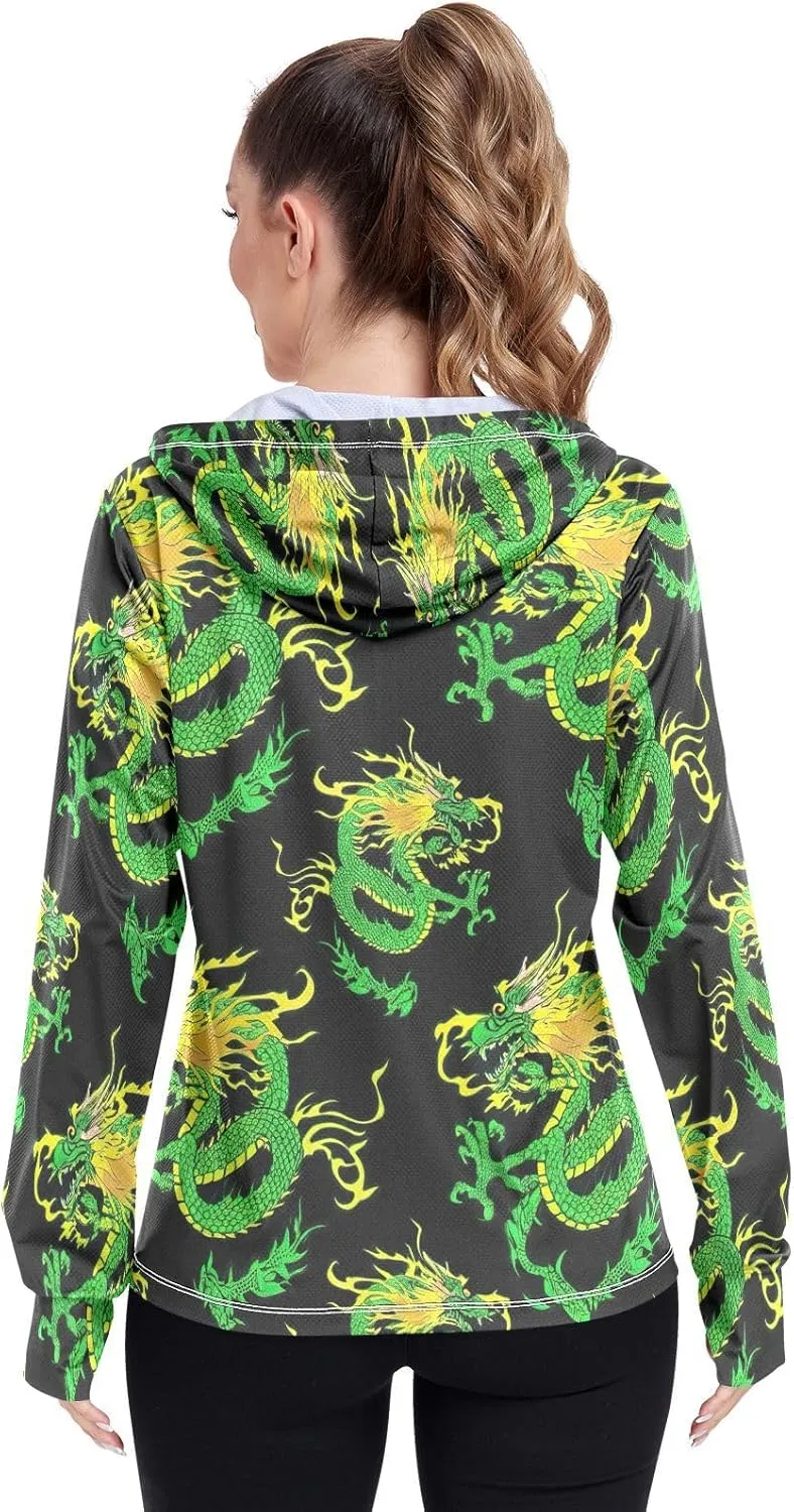 Green Dragon Black Uv Blocking Clothing, Upf 50  Zip up Thumbhole Shirts Women