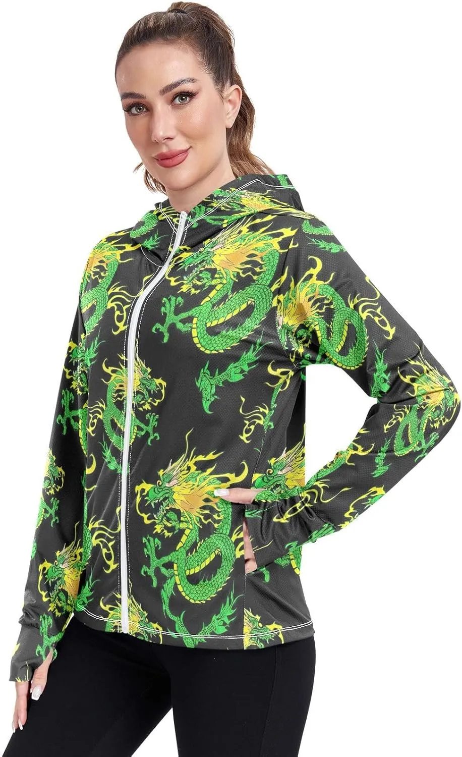 Green Dragon Black Uv Blocking Clothing, Upf 50  Zip up Thumbhole Shirts Women
