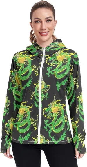 Green Dragon Black Uv Blocking Clothing, Upf 50  Zip up Thumbhole Shirts Women