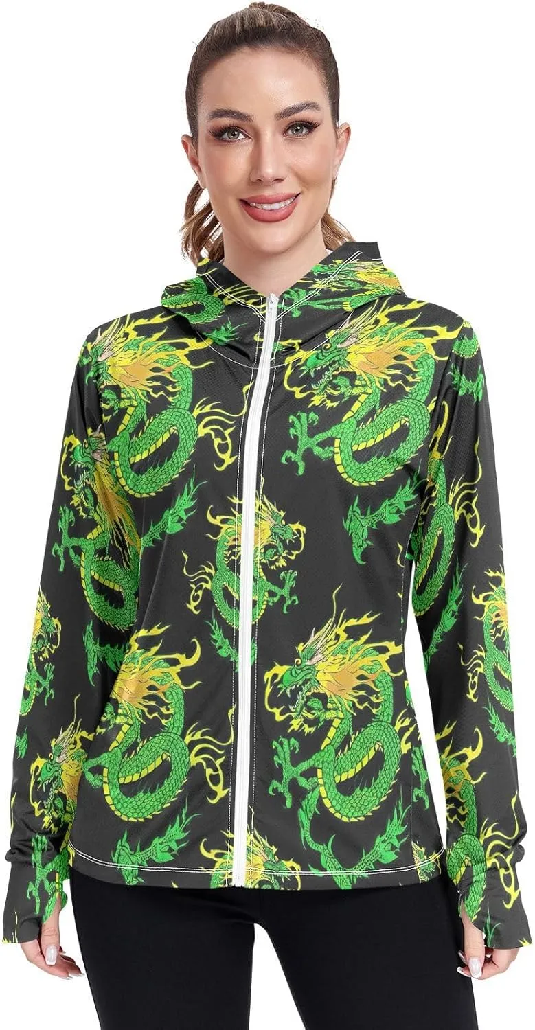Green Dragon Black Uv Blocking Clothing, Upf 50  Zip up Thumbhole Shirts Women