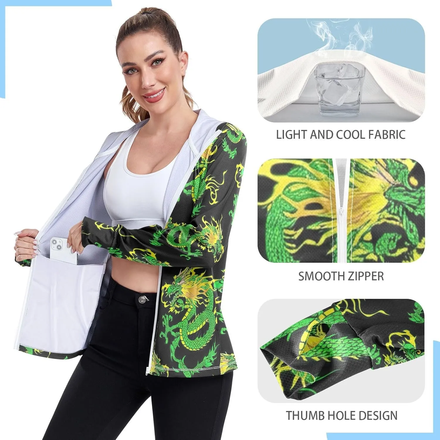 Green Dragon Black Uv Blocking Clothing, Upf 50  Zip up Thumbhole Shirts Women
