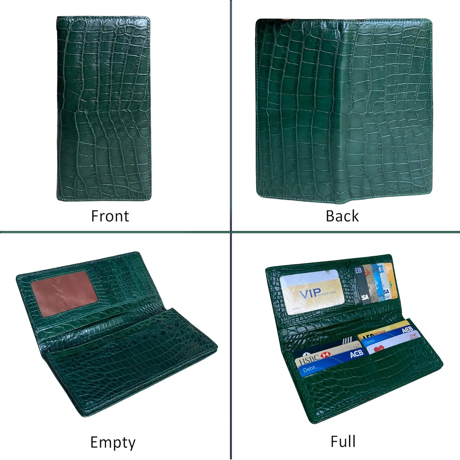 Green Long Alligator Leather Wallet Men Crocodile Double Side Business Checkbook Wallet Lon88-CS