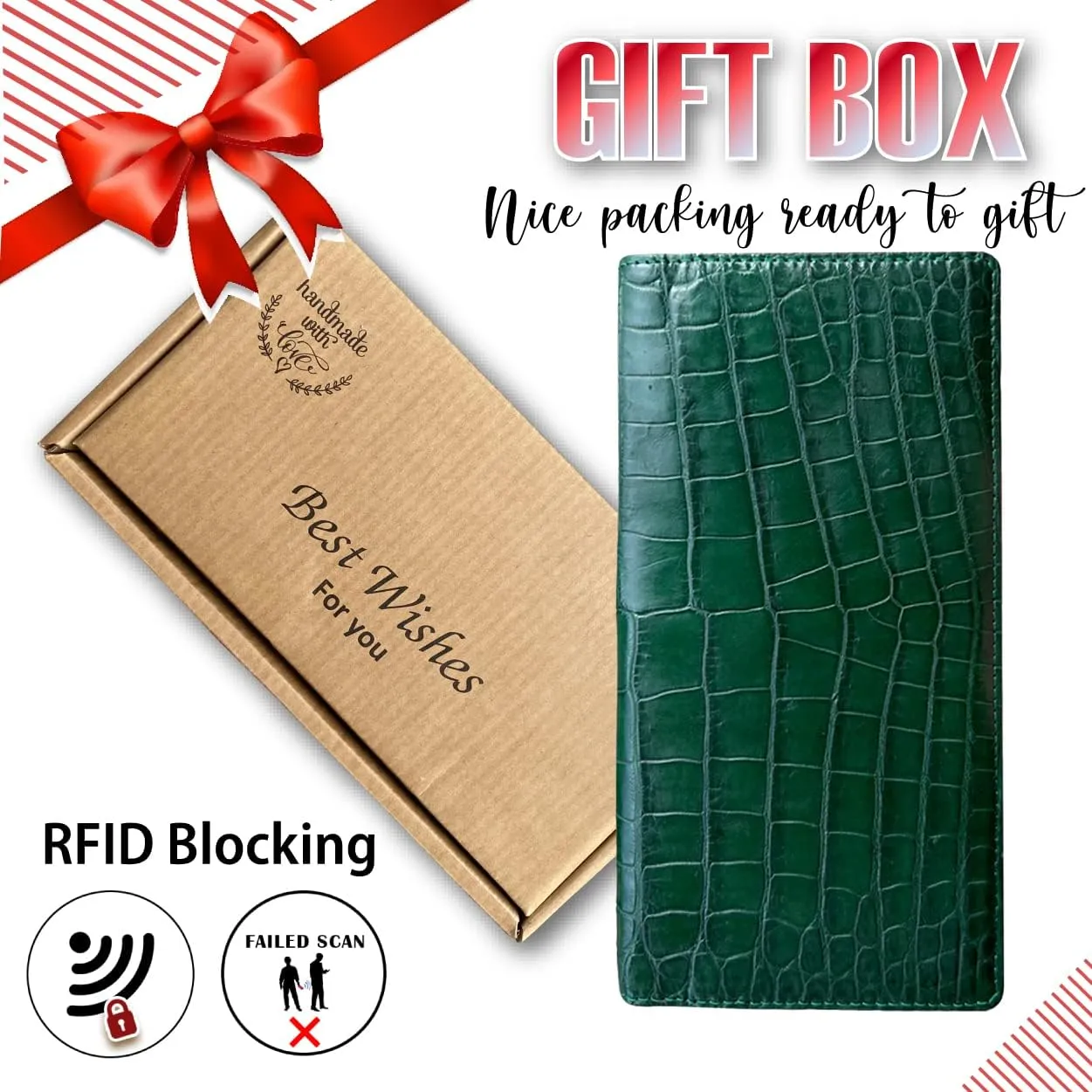 Green Long Alligator Leather Wallet Men Crocodile Double Side Business Checkbook Wallet Lon88-CS