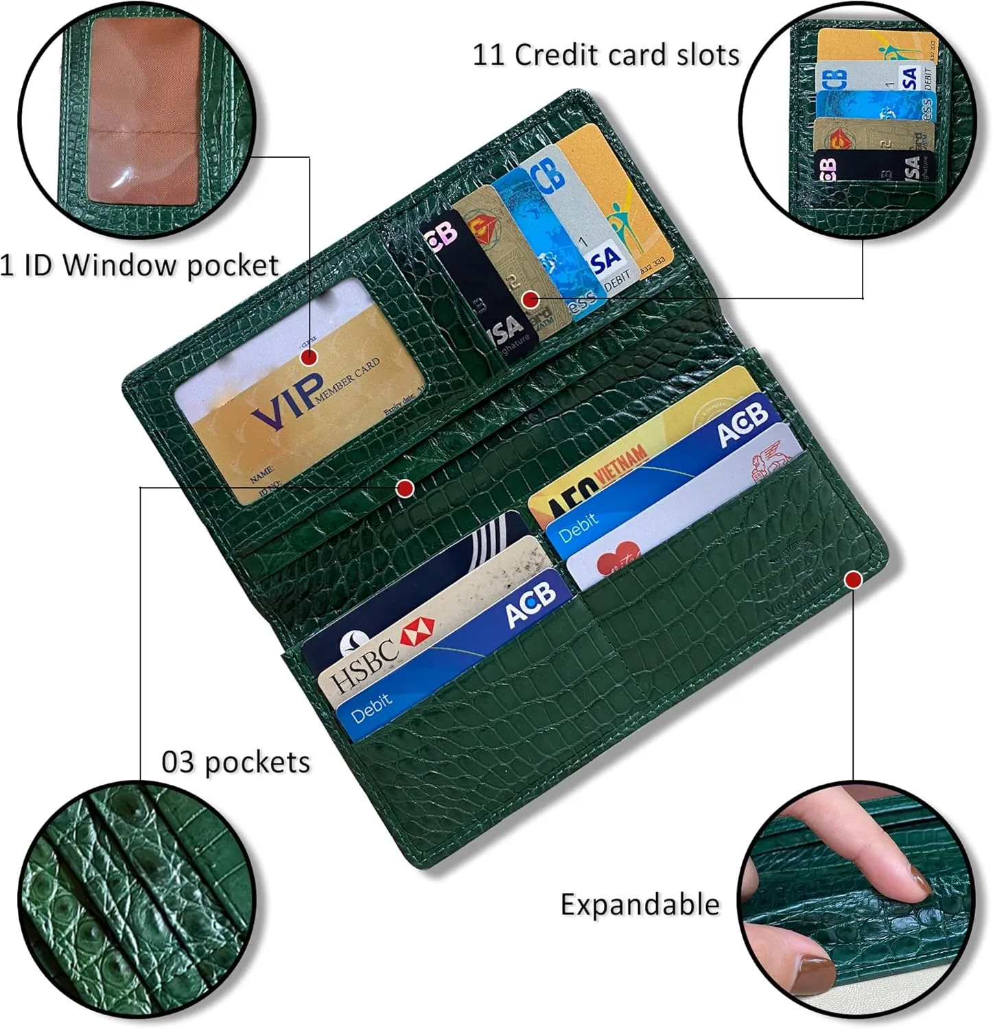 Green Long Alligator Leather Wallet Men Crocodile Double Side Business Checkbook Wallet Lon88-CS