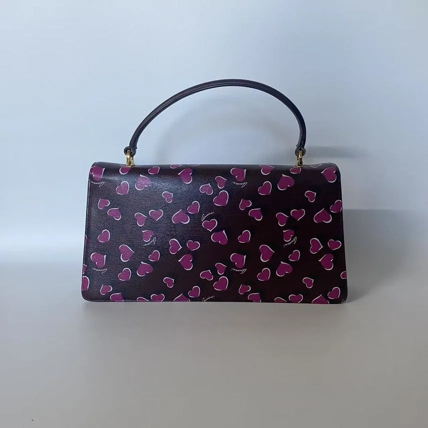 GUCCI Heart Print Satchel Bag - Brown - Top Handle