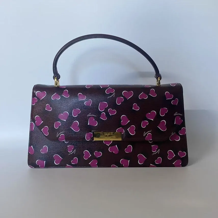 GUCCI Heart Print Satchel Bag - Brown - Top Handle