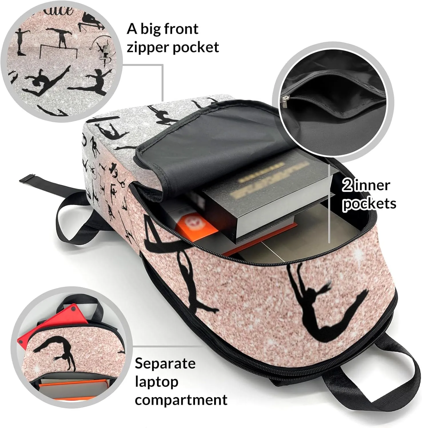 Gymnastic Moves Pink Grey Glitter Personalized Backpack for Teen Custom Travel Backpack for Boys Girs Bookbag Casual Bag Name Gift, Design 1, EU5566SS