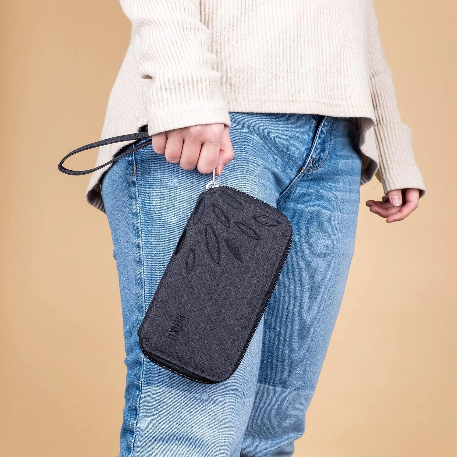 HAIKU Intrepid Small and Slim Women's Wristlet Wallet, Clutch Purse, Zip Around RFID-Blocking Credit Card holder, and ID Holder, Black in Bloom