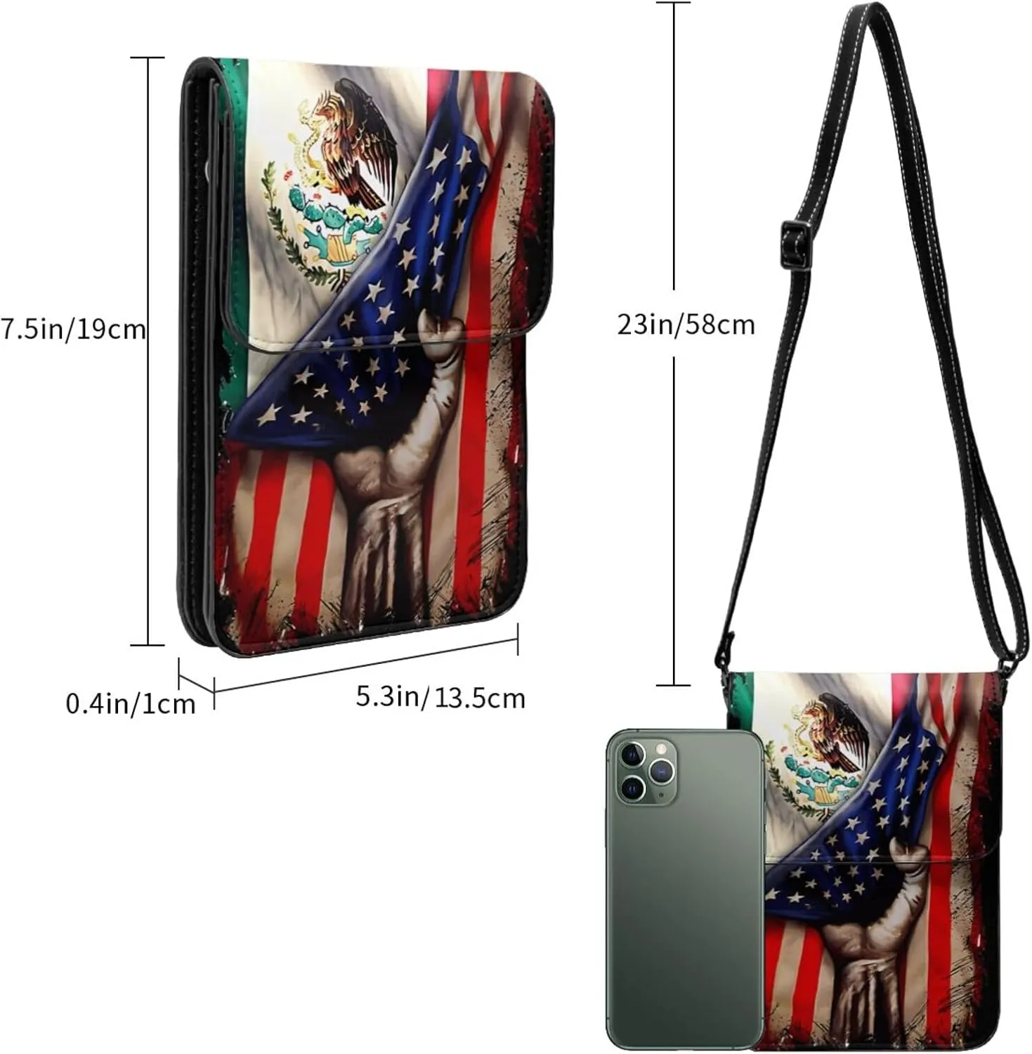 Half Mexico American Flag Leather Crossbody Cell Phone Purse Small Wallet Bags Adjustable Phone Bag for Women