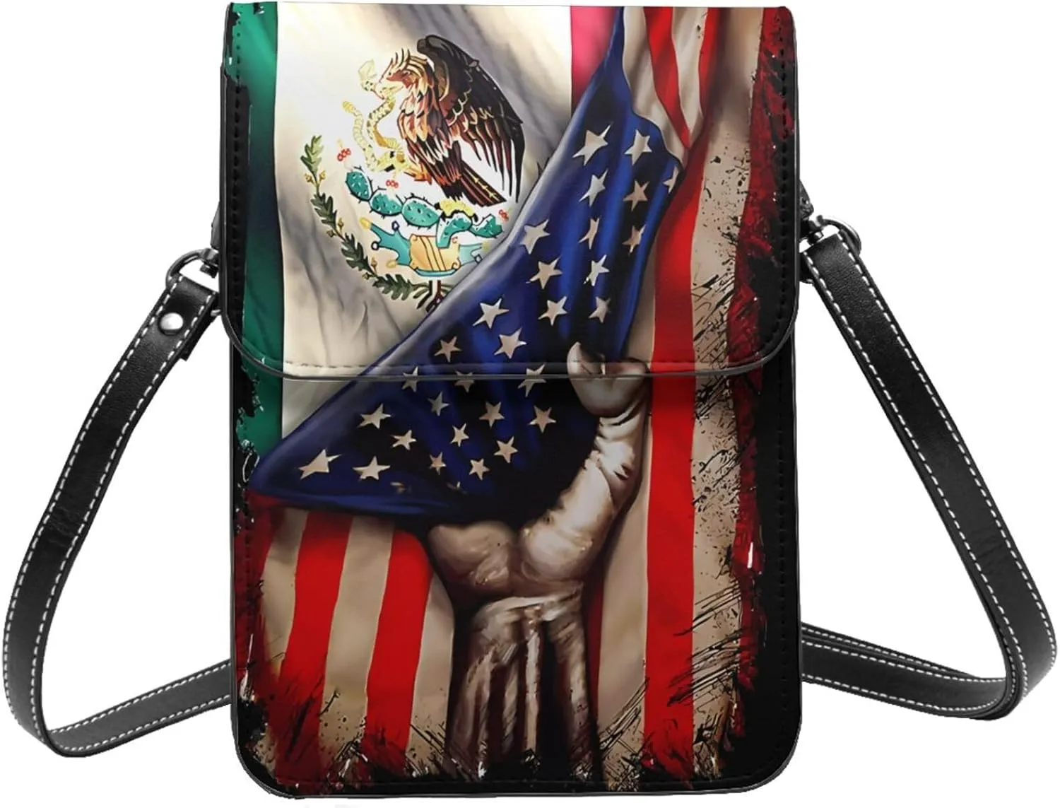 Half Mexico American Flag Leather Crossbody Cell Phone Purse Small Wallet Bags Adjustable Phone Bag for Women