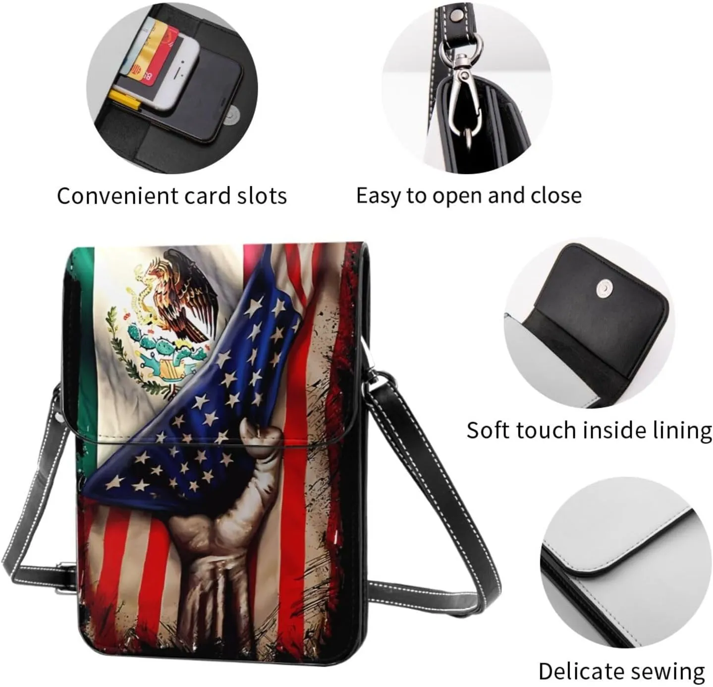 Half Mexico American Flag Leather Crossbody Cell Phone Purse Small Wallet Bags Adjustable Phone Bag for Women