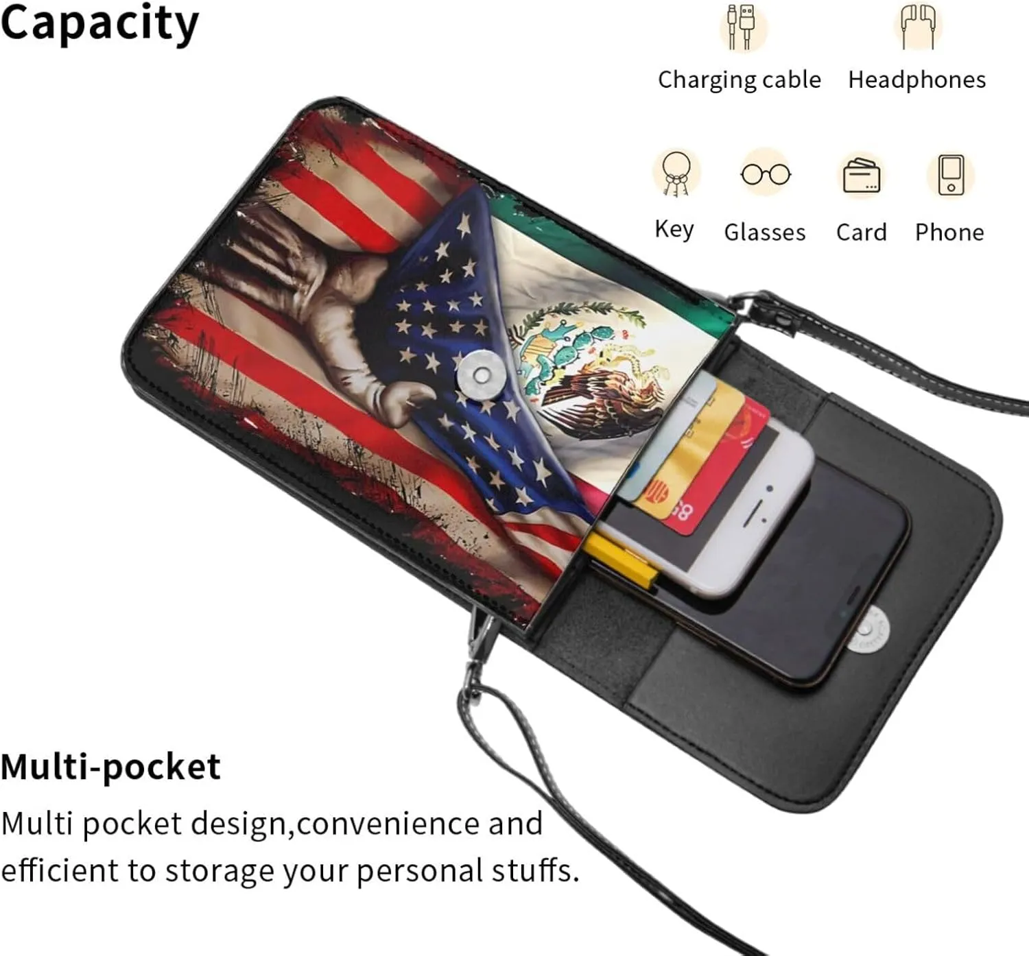 Half Mexico American Flag Leather Crossbody Cell Phone Purse Small Wallet Bags Adjustable Phone Bag for Women