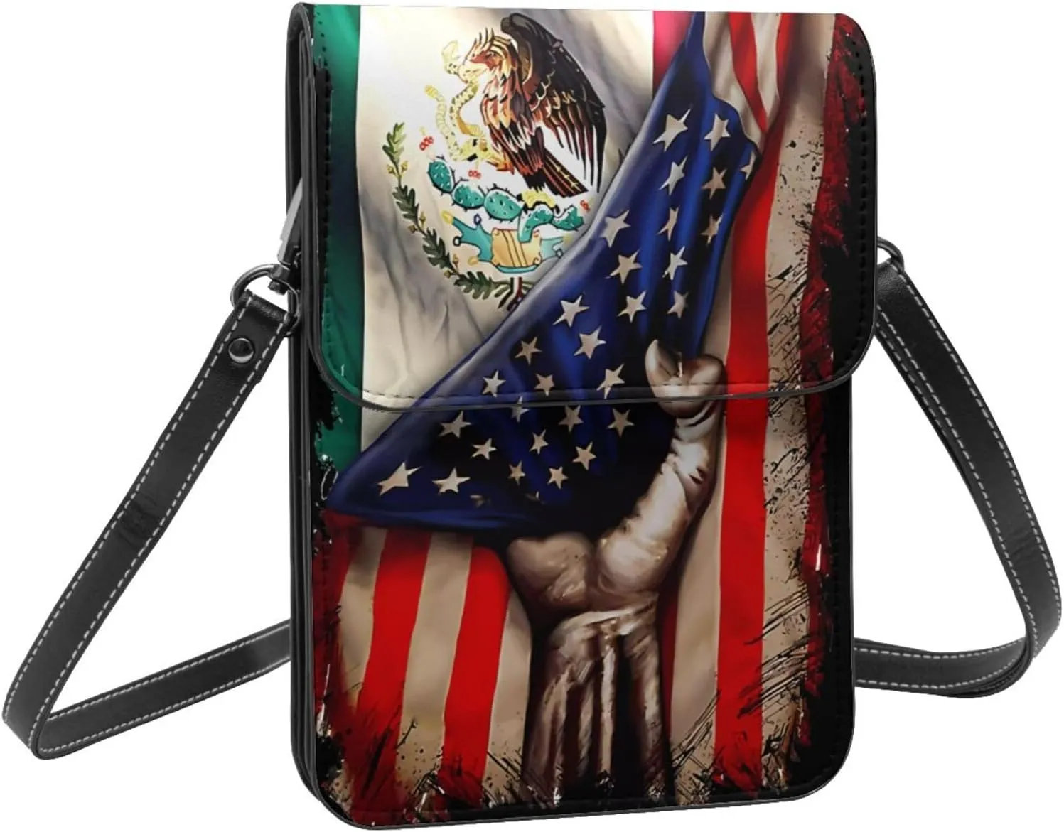Half Mexico American Flag Leather Crossbody Cell Phone Purse Small Wallet Bags Adjustable Phone Bag for Women