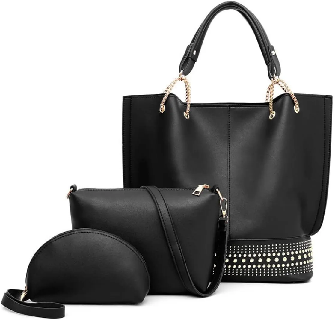 Handbags for Women Fashion Tote Bags Rivet Shoulder Bag Top Handle Satchel Purse Set 3pcs