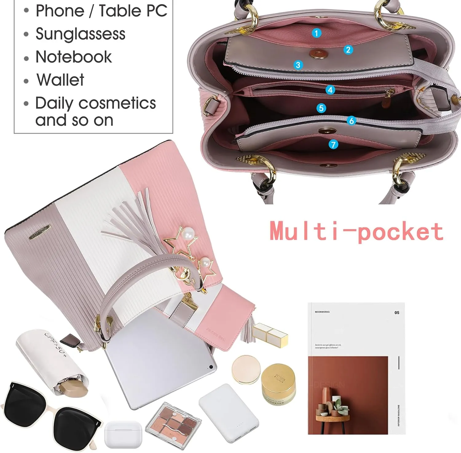 Handbags for Women with Multiple Internal Pockets in Pretty Color Combination, Women's Satchel Handbag