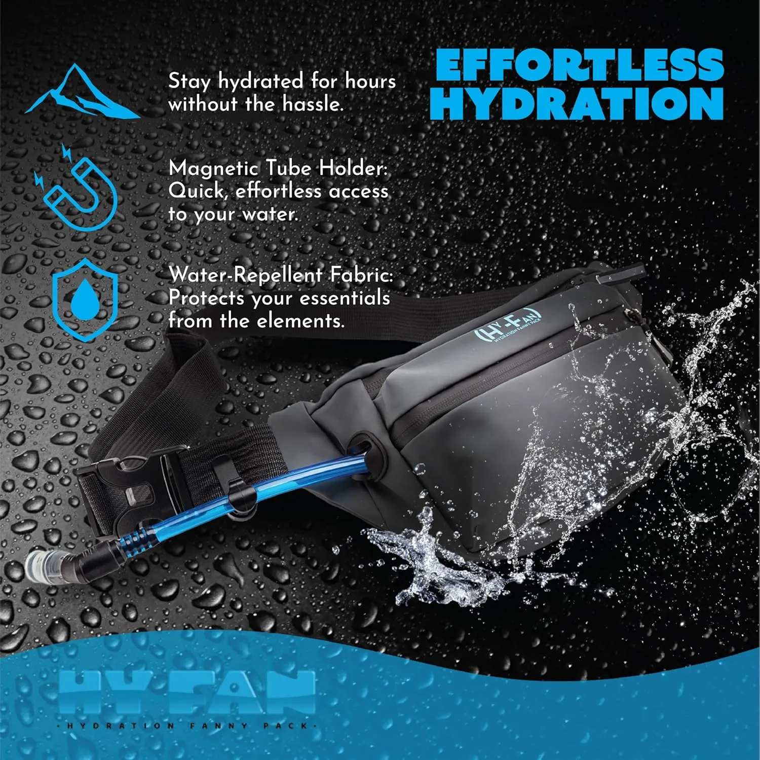 Handy On-The-Go Hydration Water-Repellent Malecon Premium Pack, Includes Magnetic Tube Holder and Extra-Wide Comfort Strap, 17 Fluid Ounce Capacity (1, Black)