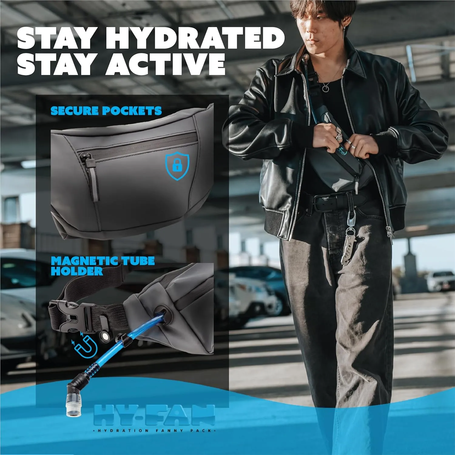 Handy On-The-Go Hydration Water-Repellent Malecon Premium Pack, Includes Magnetic Tube Holder and Extra-Wide Comfort Strap, 17 Fluid Ounce Capacity (1, Black)