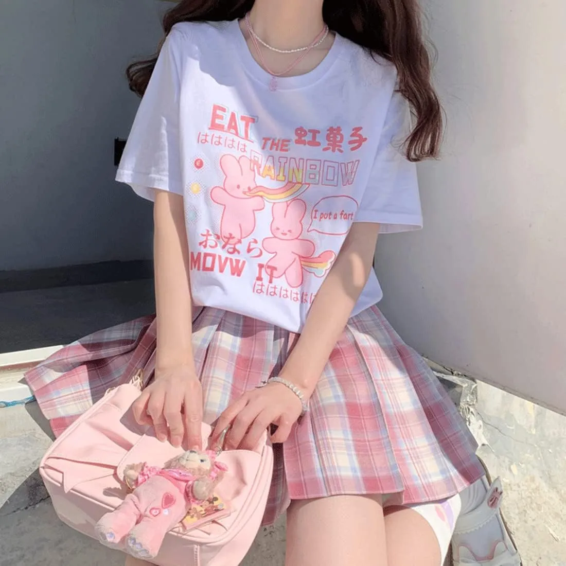 Harajuku Kawaii Fashion Pastel Goth Clothing Crewneck Loose Soft Cartoon Print Rainbow Bunny T-Shirt