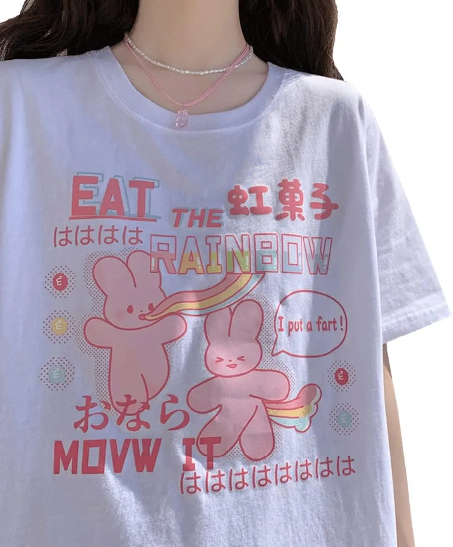 Harajuku Kawaii Fashion Pastel Goth Clothing Crewneck Loose Soft Cartoon Print Rainbow Bunny T-Shirt