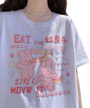 Harajuku Kawaii Fashion Pastel Goth Clothing Crewneck Loose Soft Cartoon Print Rainbow Bunny T-Shirt