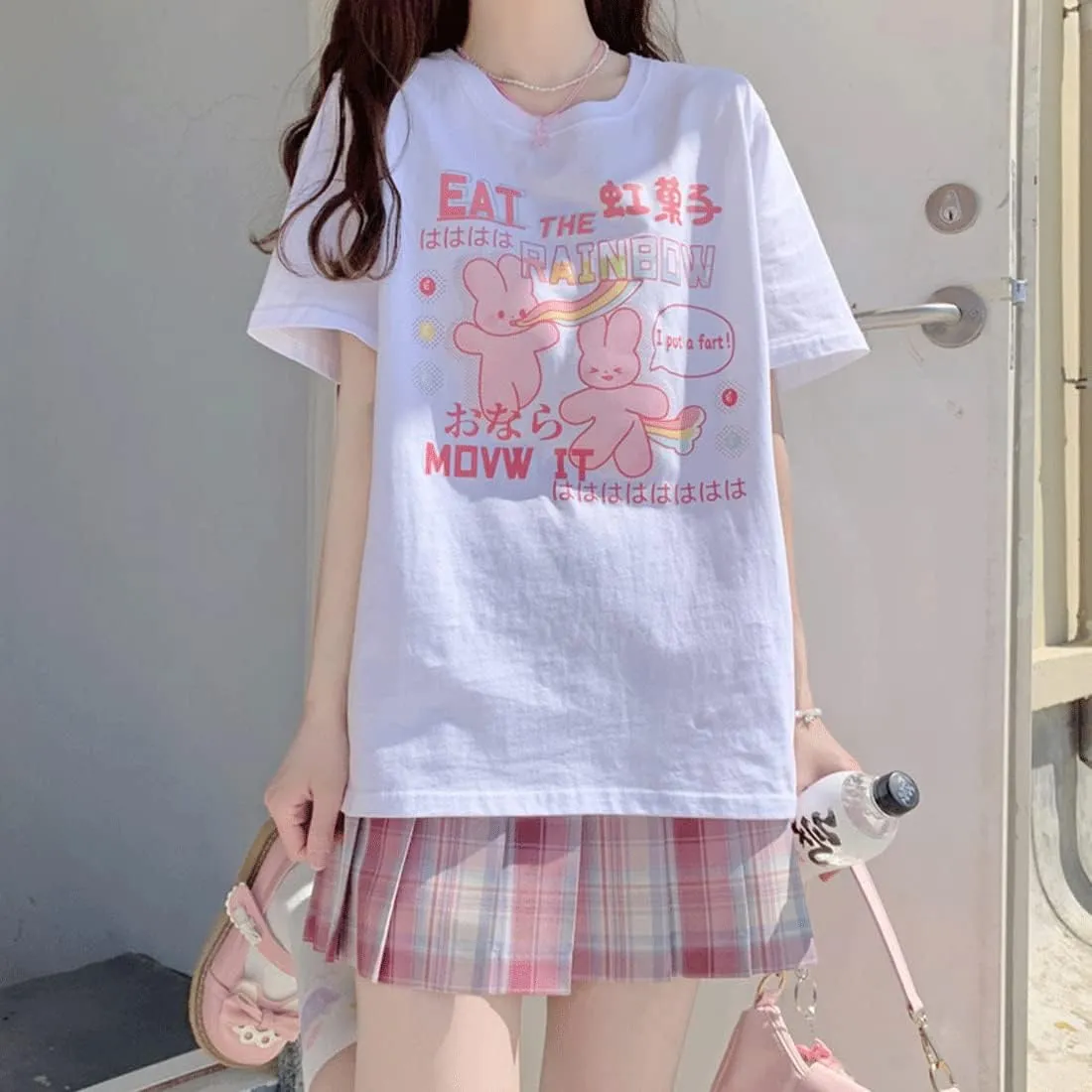 Harajuku Kawaii Fashion Pastel Goth Clothing Crewneck Loose Soft Cartoon Print Rainbow Bunny T-Shirt