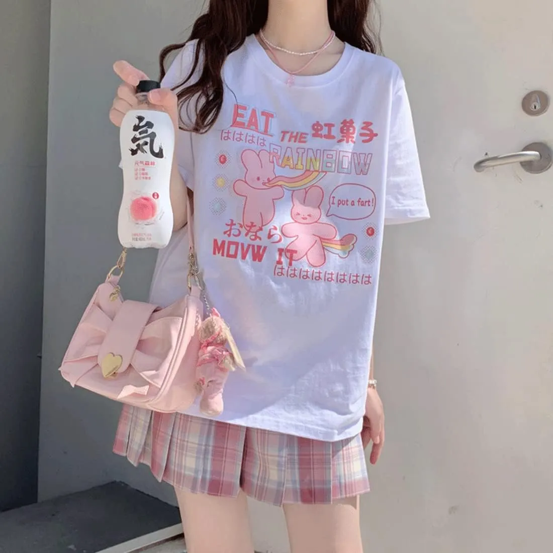 Harajuku Kawaii Fashion Pastel Goth Clothing Crewneck Loose Soft Cartoon Print Rainbow Bunny T-Shirt