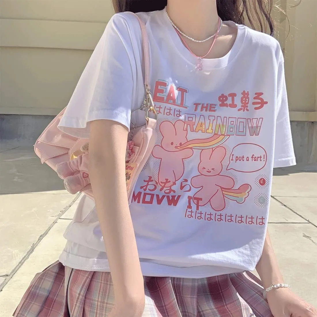 Harajuku Kawaii Fashion Pastel Goth Clothing Crewneck Loose Soft Cartoon Print Rainbow Bunny T-Shirt