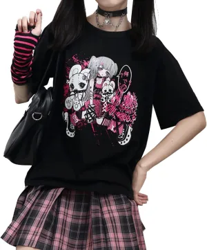 Harajuku Y2K Pastel Kawaii Gothic Clothes Casual Style Soft Crewneck Comic Print Dark Punk Girl T-Shirt