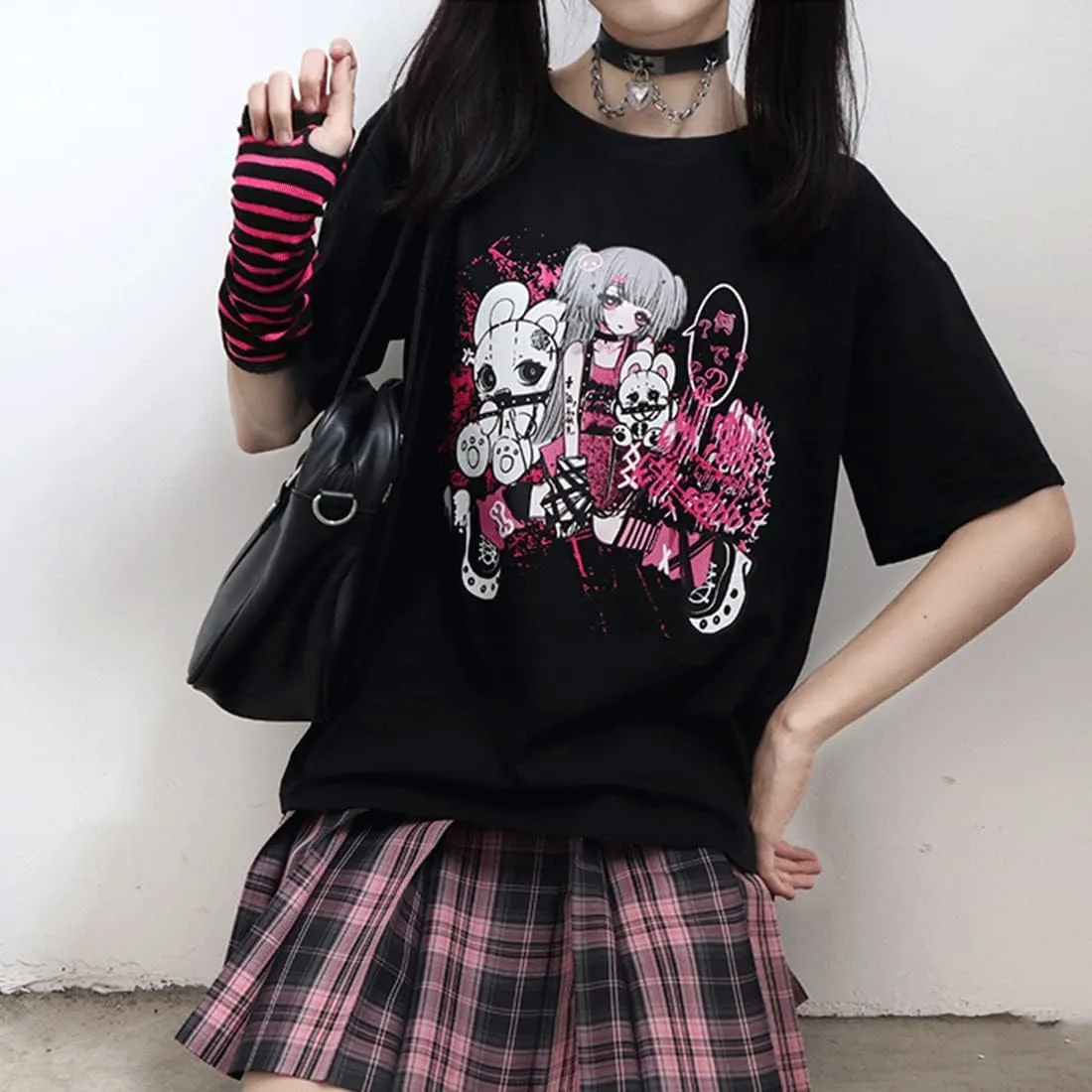 Harajuku Y2K Pastel Kawaii Gothic Clothes Casual Style Soft Crewneck Comic Print Dark Punk Girl T-Shirt
