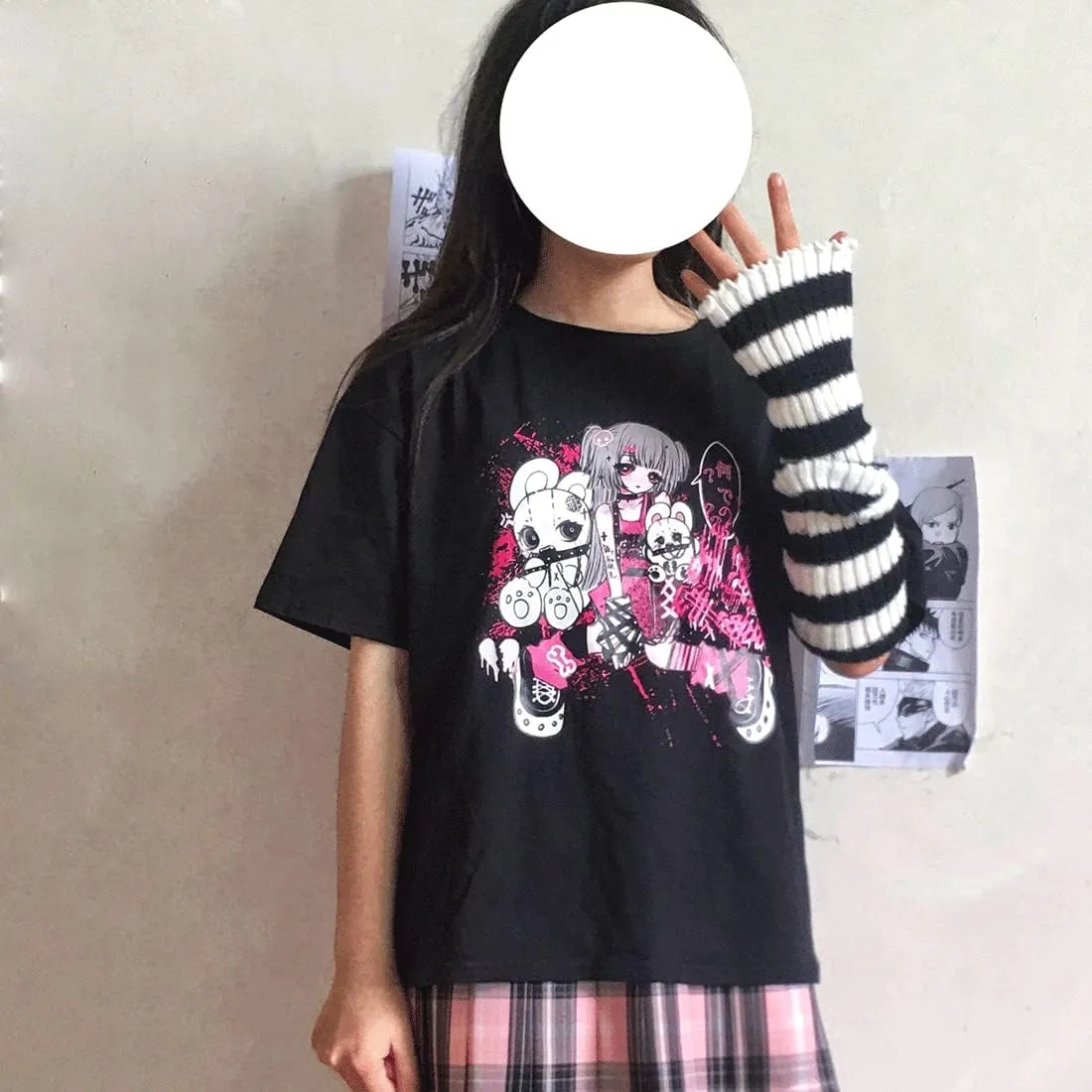Harajuku Y2K Pastel Kawaii Gothic Clothes Casual Style Soft Crewneck Comic Print Dark Punk Girl T-Shirt