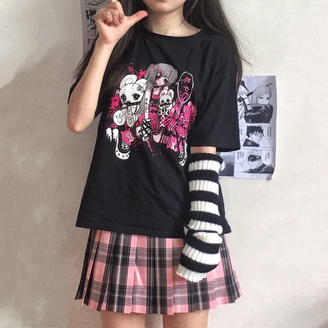 Harajuku Y2K Pastel Kawaii Gothic Clothes Casual Style Soft Crewneck Comic Print Dark Punk Girl T-Shirt