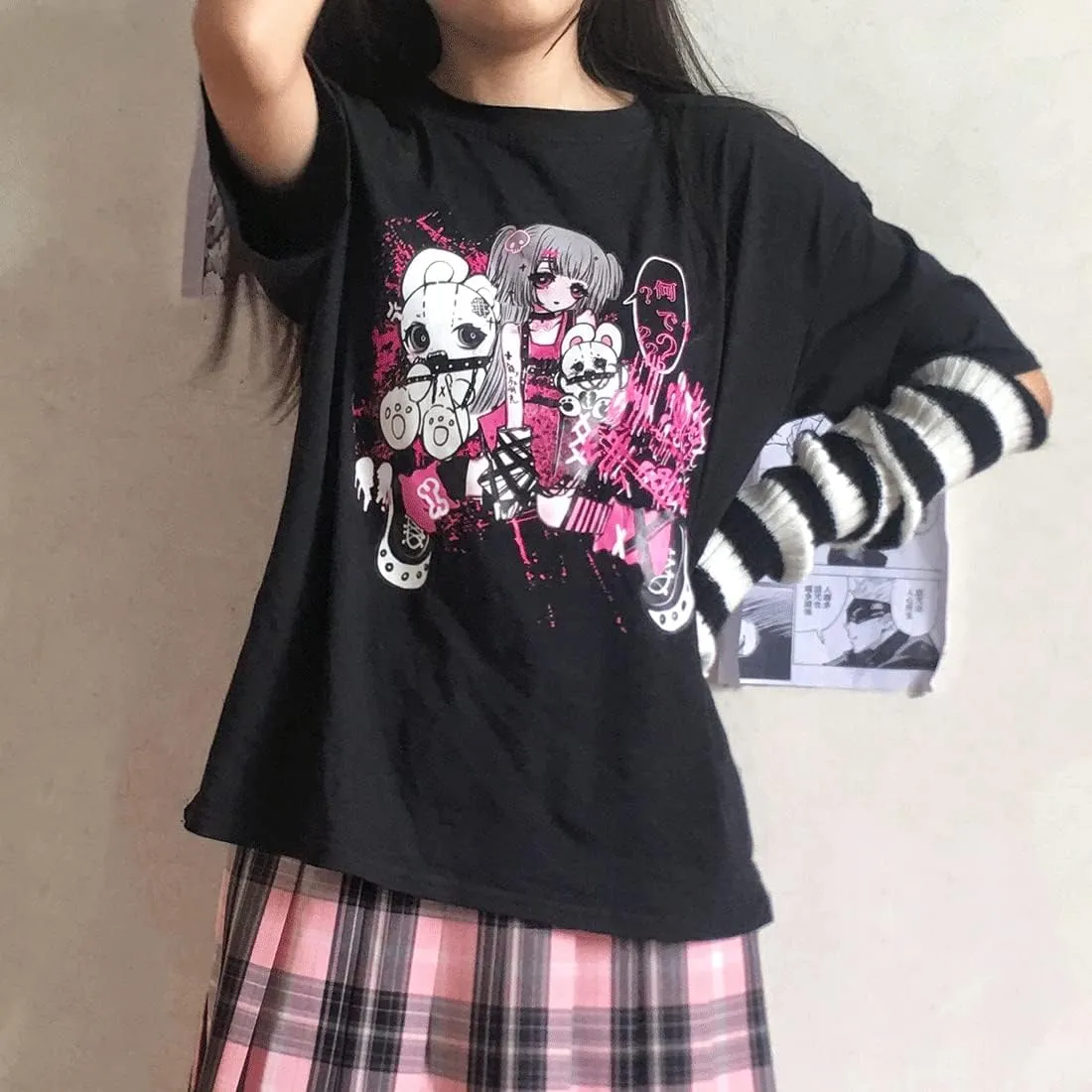 Harajuku Y2K Pastel Kawaii Gothic Clothes Casual Style Soft Crewneck Comic Print Dark Punk Girl T-Shirt