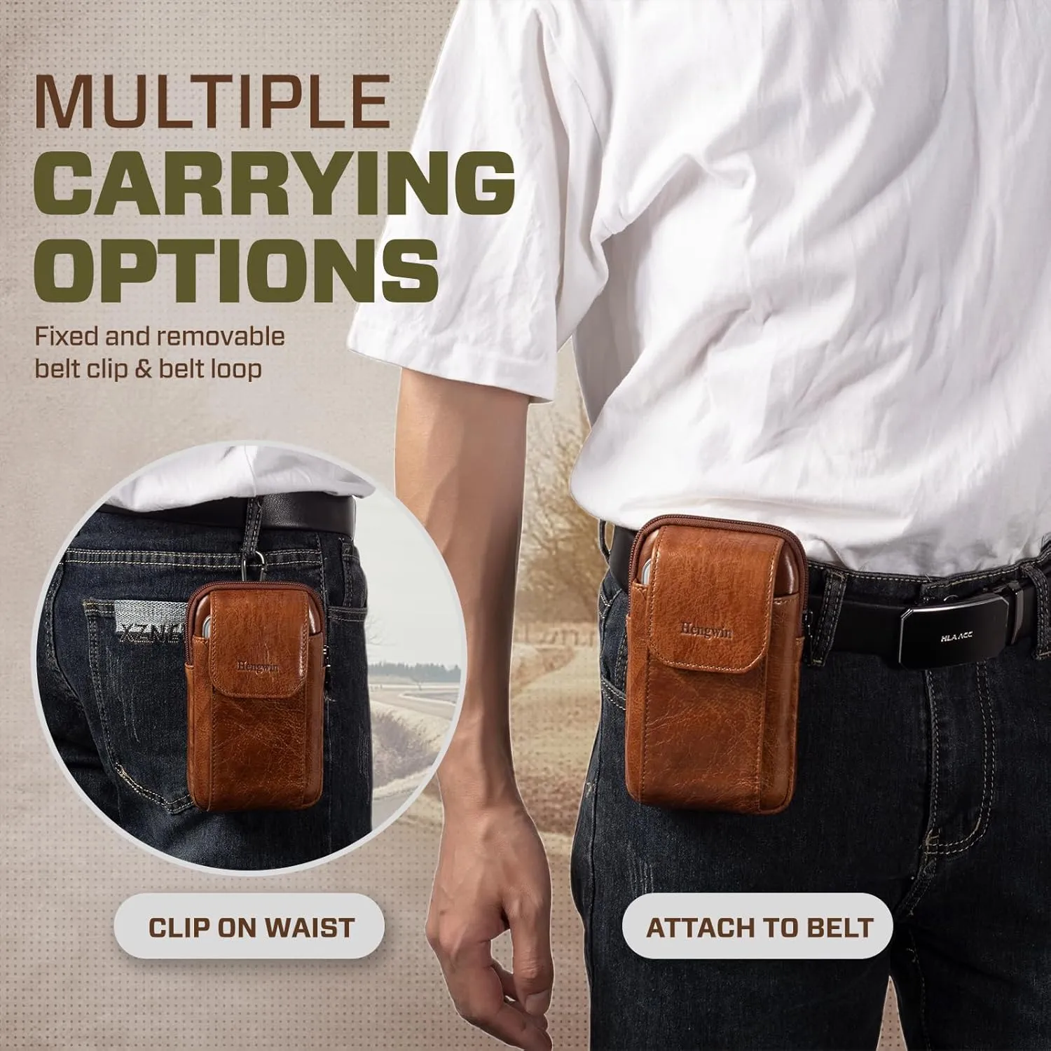 Hengwin Genuine Leather Cell Phone Holster for Belt,Mini Crossbody Purse Shoulder Bag for Men Women, Belt Pouch Belt Clip Wallet Case Fit for iPhone 16 15 14 13 Pro Samsung Galaxy S25 S24 S23 (Brown)