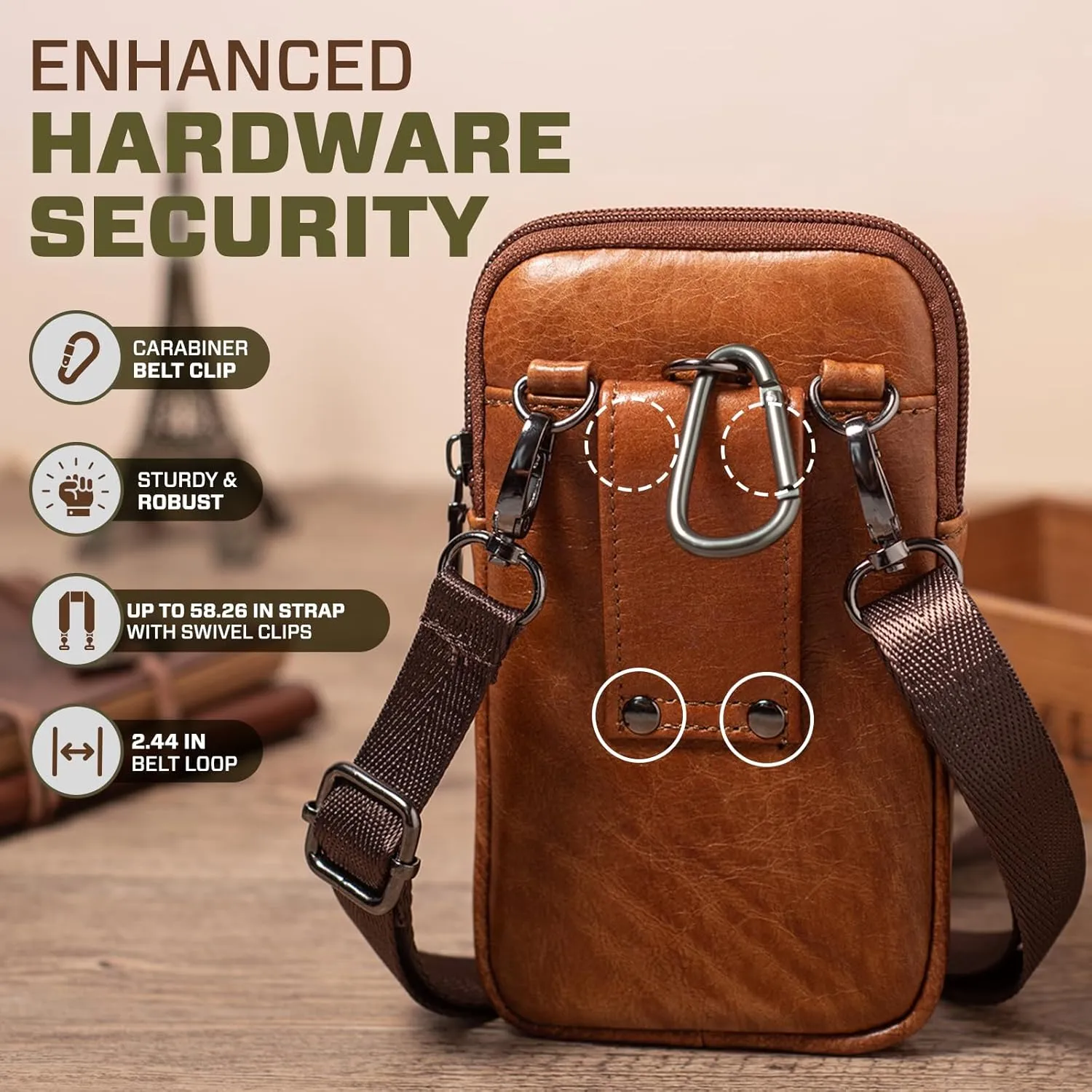 Hengwin Genuine Leather Cell Phone Holster for Belt,Mini Crossbody Purse Shoulder Bag for Men Women, Belt Pouch Belt Clip Wallet Case Fit for iPhone 16 15 14 13 Pro Samsung Galaxy S25 S24 S23 (Brown)