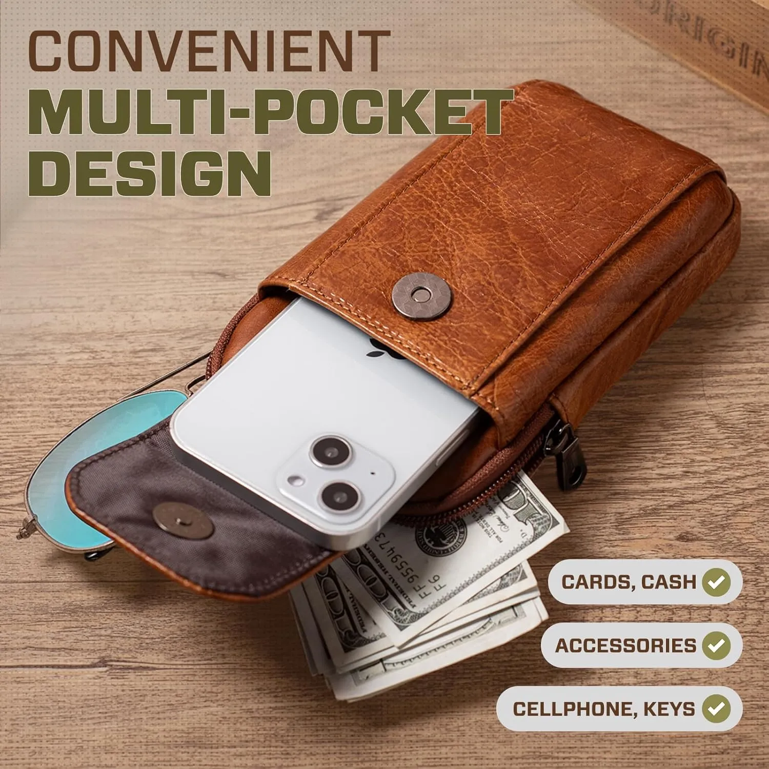 Hengwin Genuine Leather Cell Phone Holster for Belt,Mini Crossbody Purse Shoulder Bag for Men Women, Belt Pouch Belt Clip Wallet Case Fit for iPhone 16 15 14 13 Pro Samsung Galaxy S25 S24 S23 (Brown)