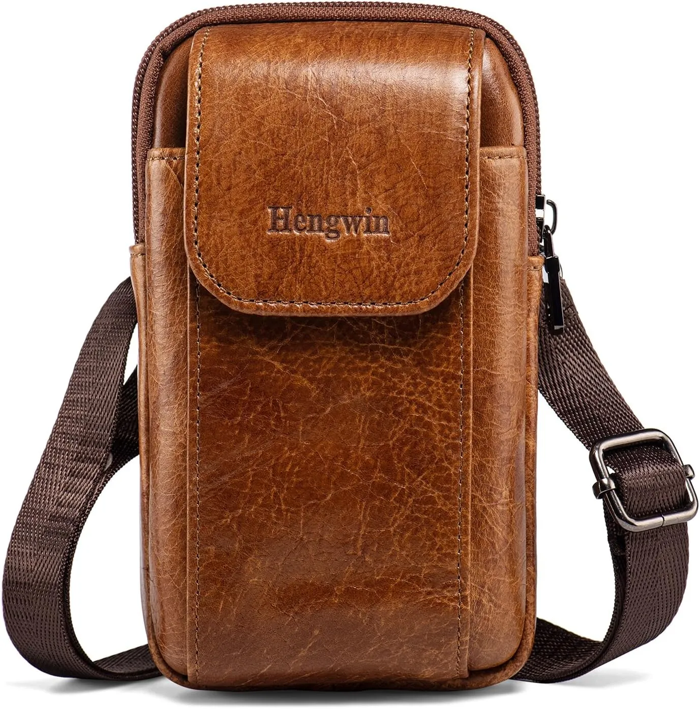 Hengwin Genuine Leather Cell Phone Holster for Belt,Mini Crossbody Purse Shoulder Bag for Men Women, Belt Pouch Belt Clip Wallet Case Fit for iPhone 16 15 14 13 Pro Samsung Galaxy S25 S24 S23 (Brown)