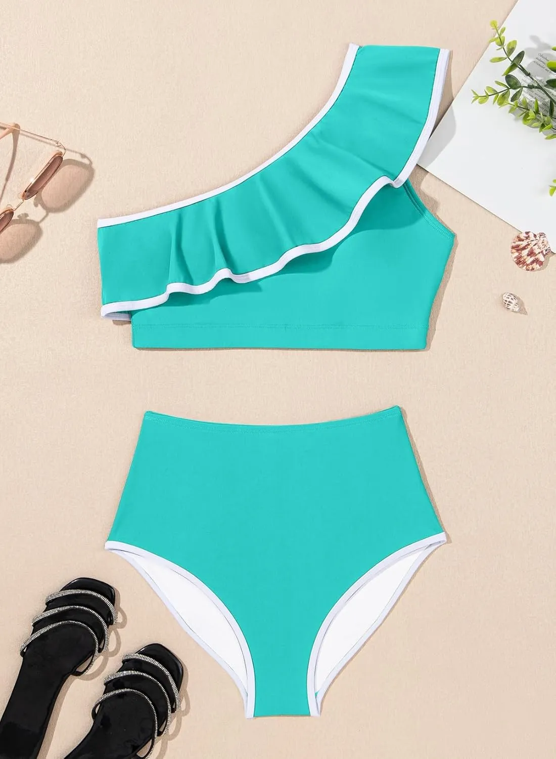 Herseas Women's One Shoulder Bikini Sets Color Block Trim Ruffle Hem Swimsuits Elegant Bathing Suits