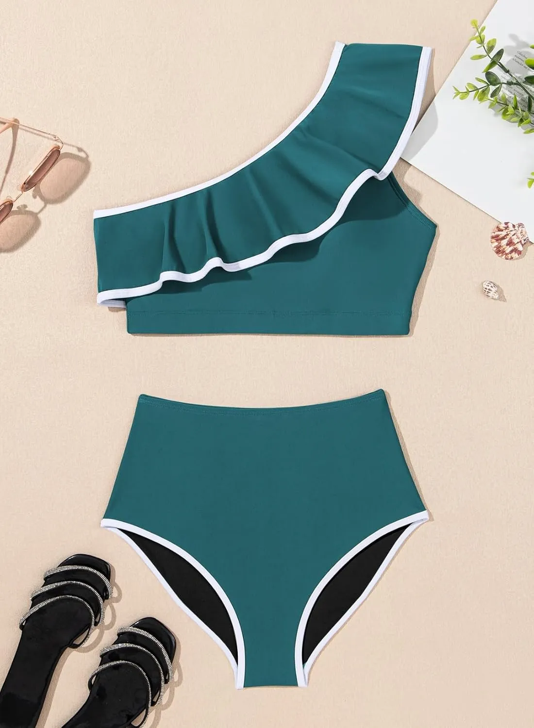 Herseas Women's One Shoulder Bikini Sets Color Block Trim Ruffle Hem Swimsuits Elegant Bathing Suits