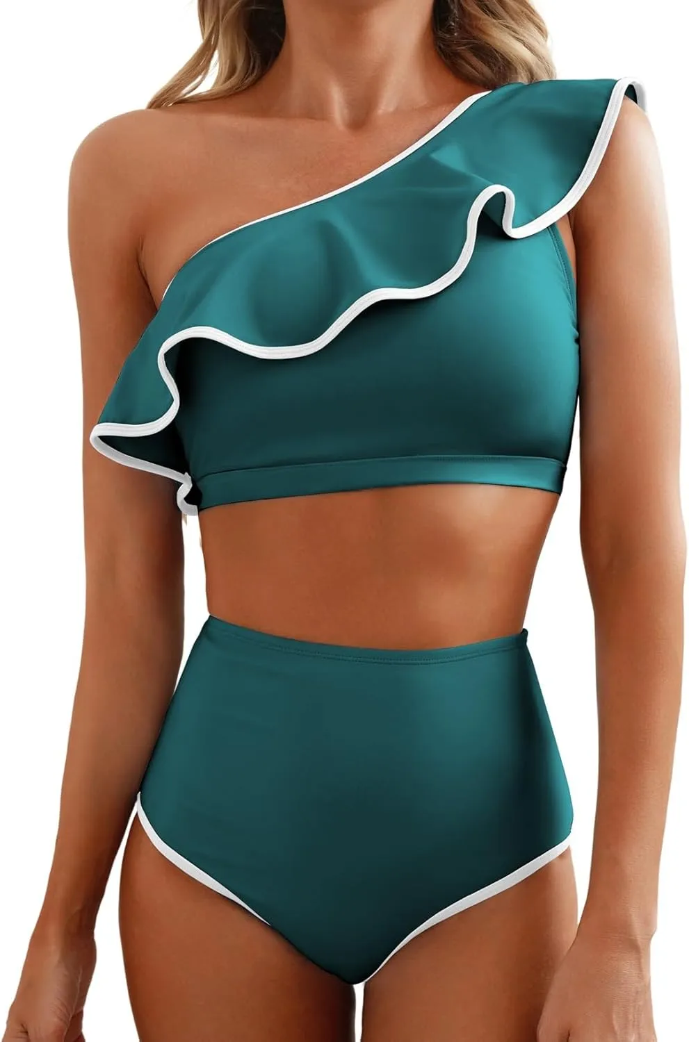 Herseas Women's One Shoulder Bikini Sets Color Block Trim Ruffle Hem Swimsuits Elegant Bathing Suits
