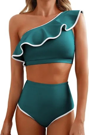 Herseas Women's One Shoulder Bikini Sets Color Block Trim Ruffle Hem Swimsuits Elegant Bathing Suits