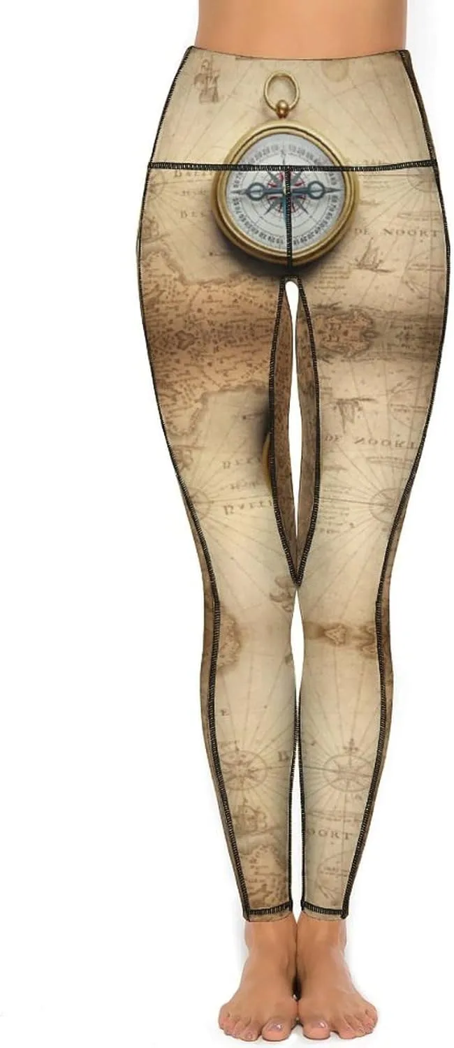 High Waisted Leggings for Women, Magnetic Old Compass On World Map Soft Yoga Pants Workout Leggings with Pockets