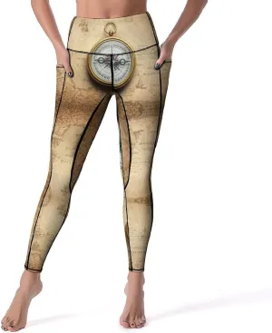 High Waisted Leggings for Women, Magnetic Old Compass On World Map Soft Yoga Pants Workout Leggings with Pockets