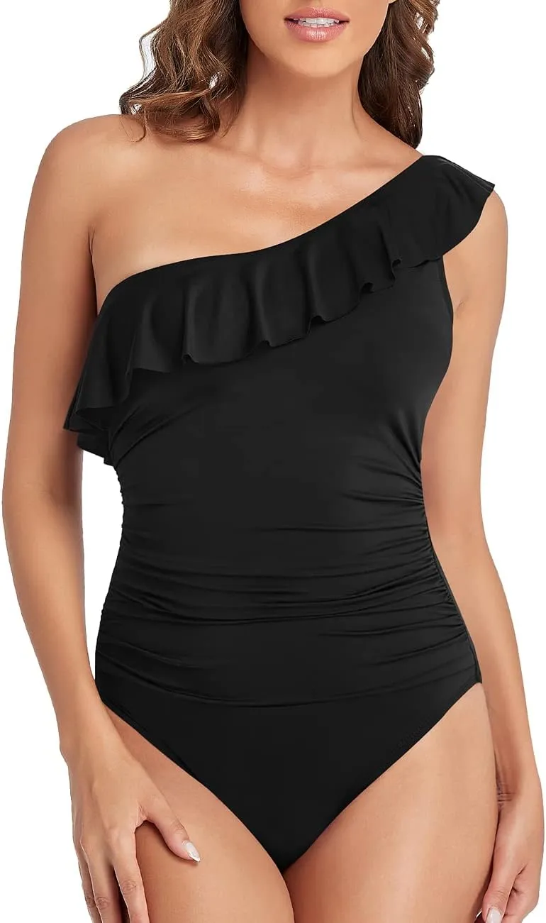 Hilor Women's One Shoulder One Piece Swimsuits Tummy Control Bathing Suits Ruffled Modest Swimwear