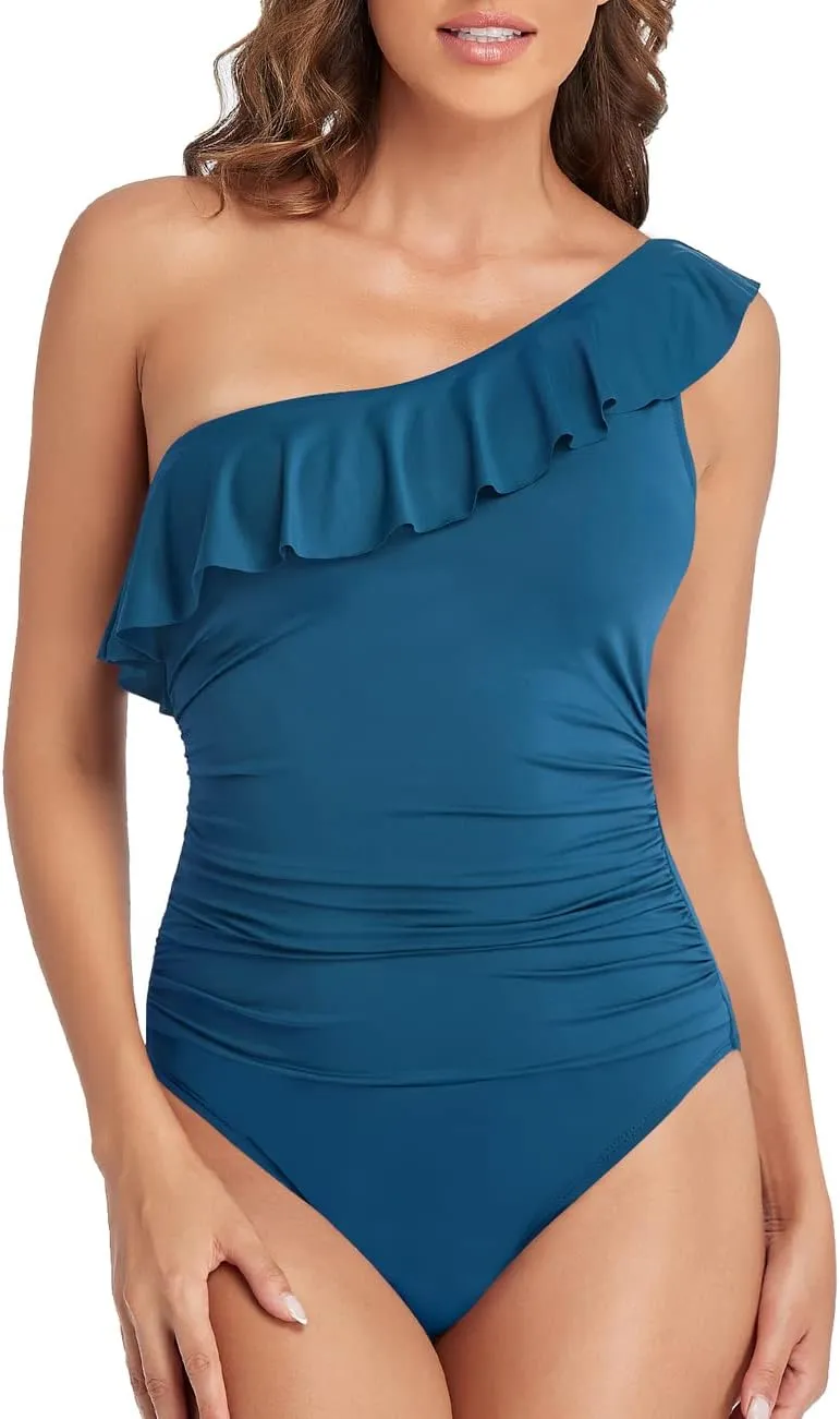 Hilor Women's One Shoulder One Piece Swimsuits Tummy Control Bathing Suits Ruffled Modest Swimwear