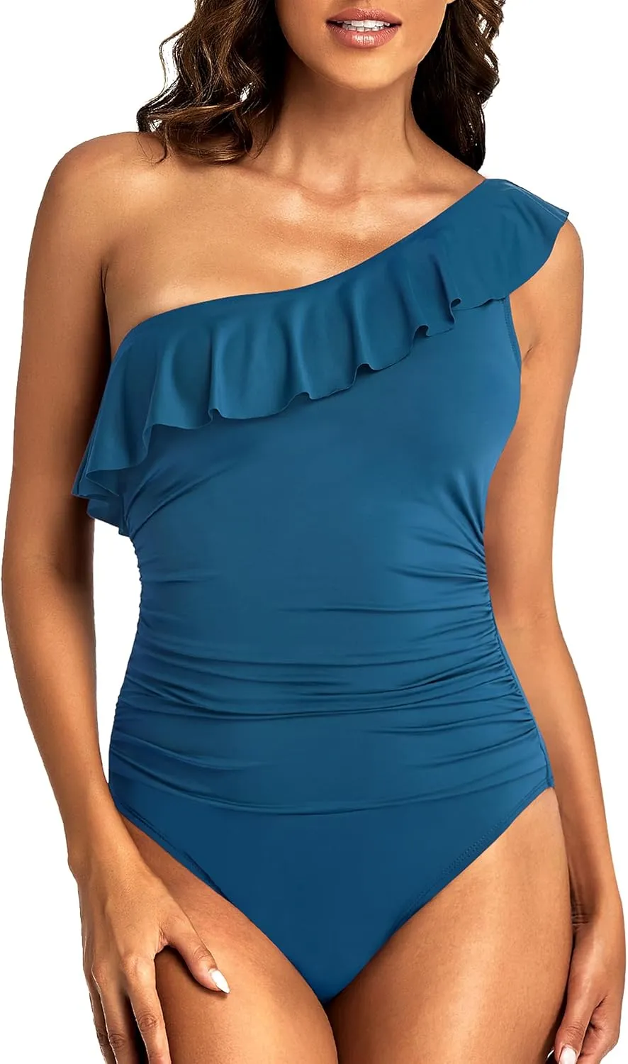 Hilor Women's One Shoulder One Piece Swimsuits Tummy Control Bathing Suits Ruffled Modest Swimwear